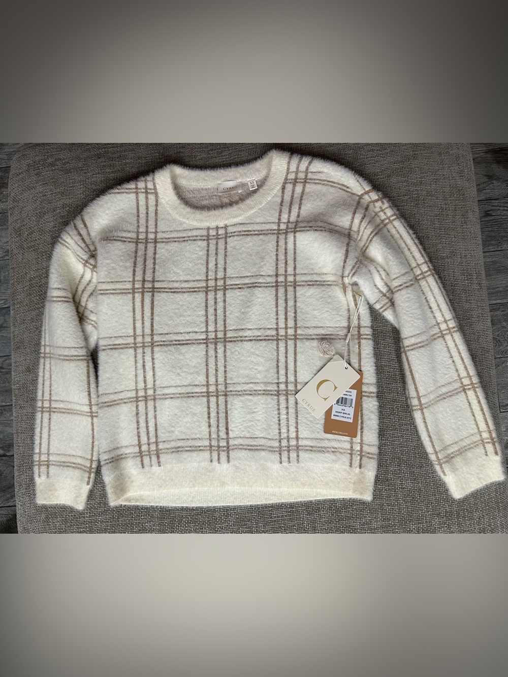 Cyrus Cream and Tan Plaid Crewneck Sweater